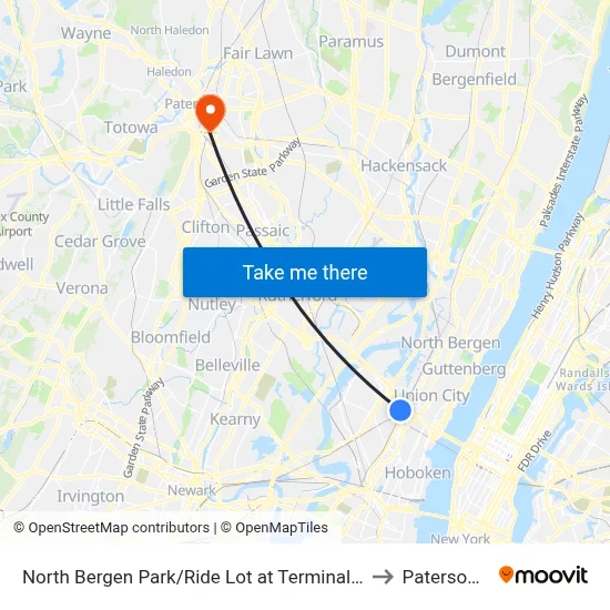 North Bergen Park/Ride Lot at Terminal Building B to Paterson, NJ map