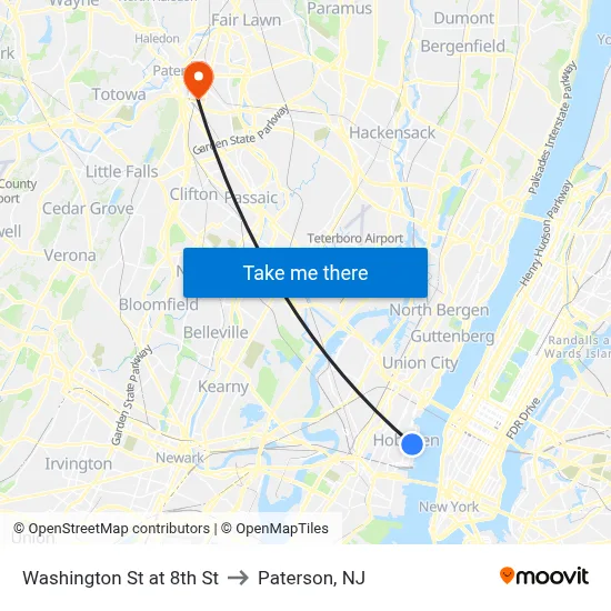 Washington St at 8th St to Paterson, NJ map