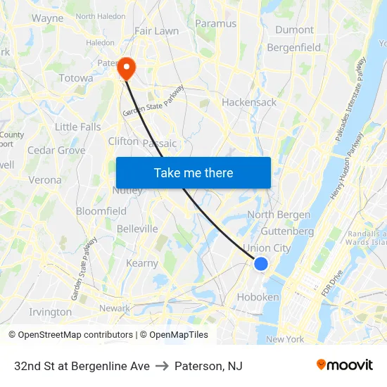 32nd St at Bergenline Ave to Paterson, NJ map