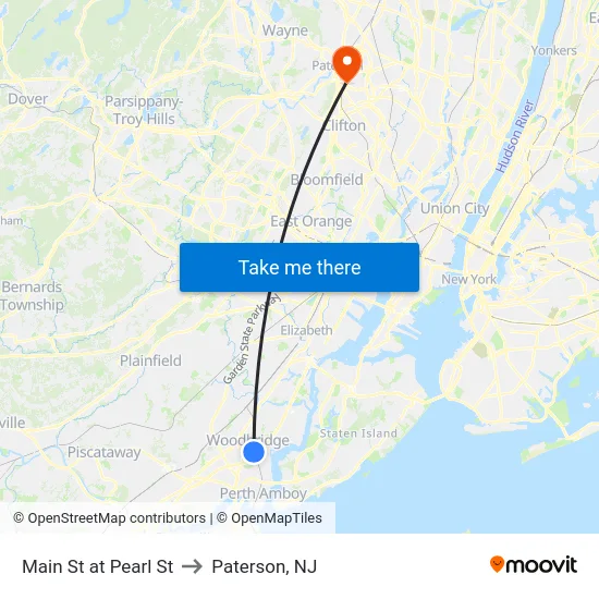 Main St at Pearl St to Paterson, NJ map