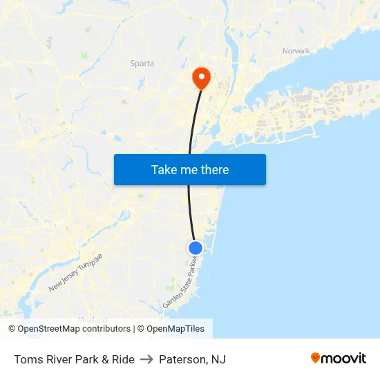 Toms River Park & Ride to Paterson, NJ map