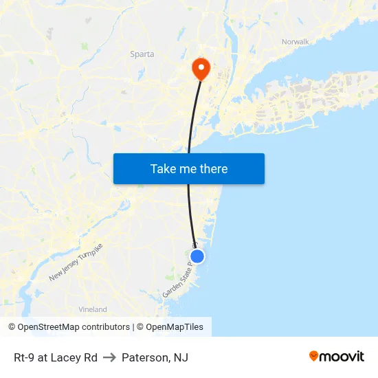 Rt-9 at Lacey Rd to Paterson, NJ map