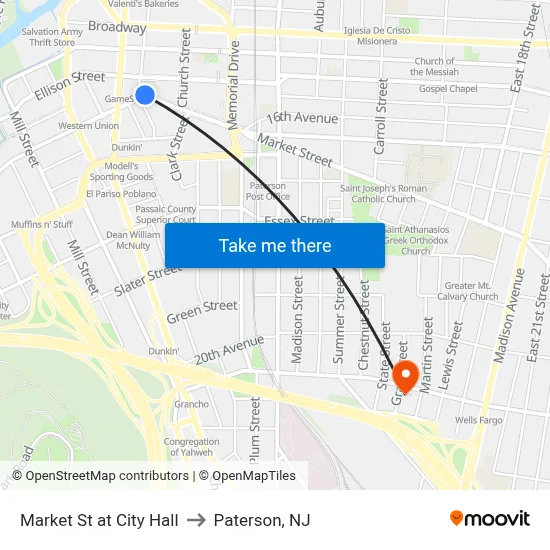 Market St at City Hall to Paterson, NJ map