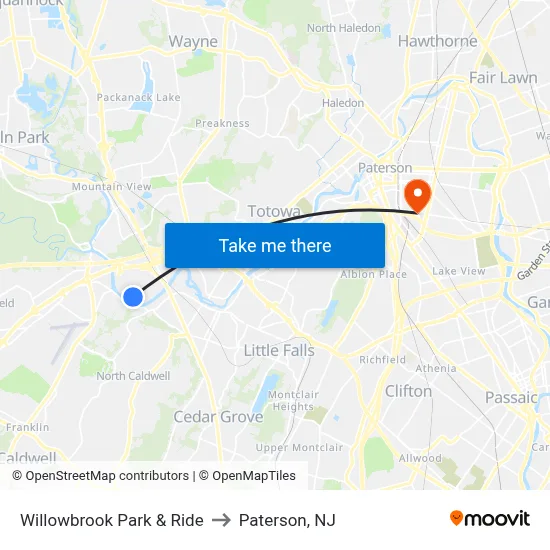 Willowbrook Park & Ride to Paterson, NJ map