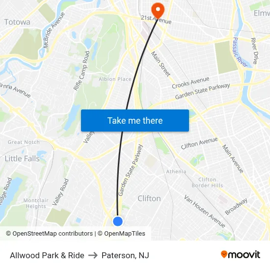 Allwood Park & Ride to Paterson, NJ map