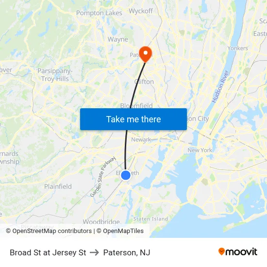 Broad St at Jersey St to Paterson, NJ map