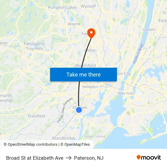 Broad St at Elizabeth Ave to Paterson, NJ map