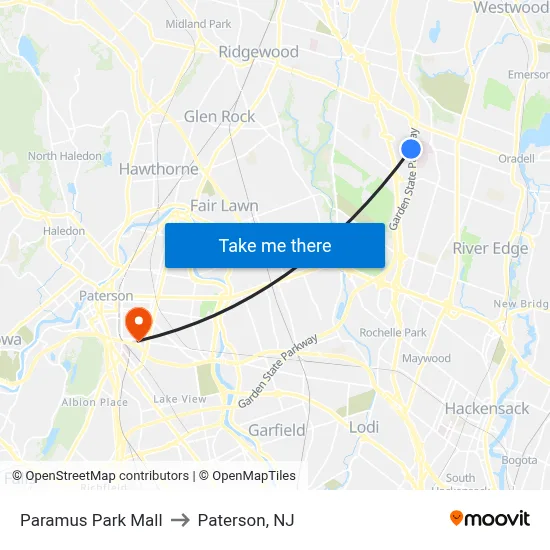 Paramus Park Mall to Paterson, NJ map