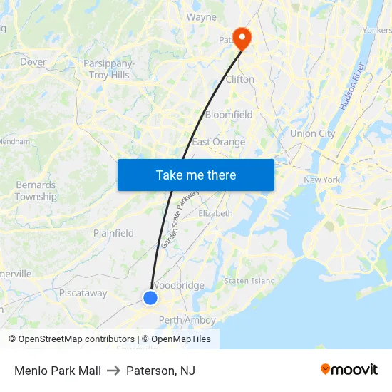Menlo Park Mall to Paterson, NJ map