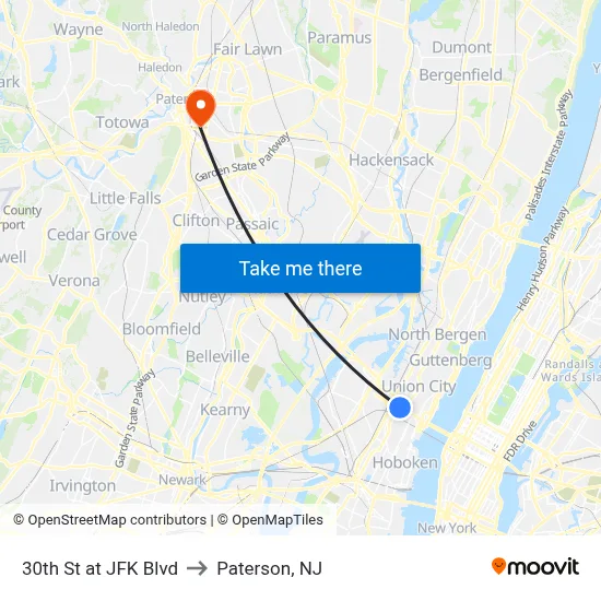30th St at JFK Blvd to Paterson, NJ map