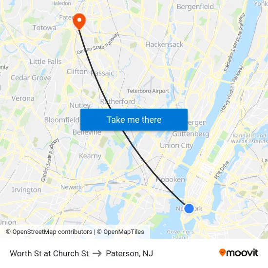 Worth St at Church St to Paterson, NJ map