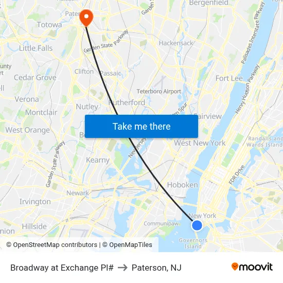 Broadway at Exchange Pl# to Paterson, NJ map