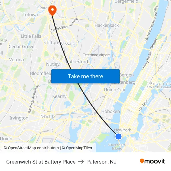 Greenwich St at Battery Place to Paterson, NJ map
