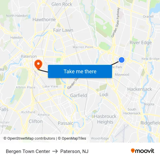 Bergen Town Center to Paterson, NJ map
