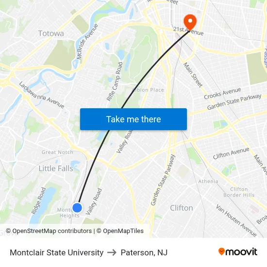 Montclair State University to Paterson, NJ map