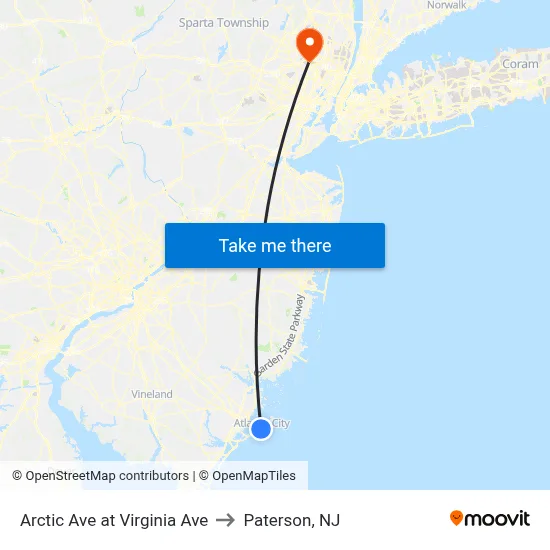 Arctic Ave at Virginia Ave to Paterson, NJ map