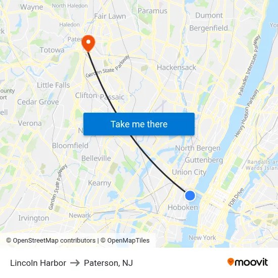 Lincoln Harbor to Paterson, NJ map