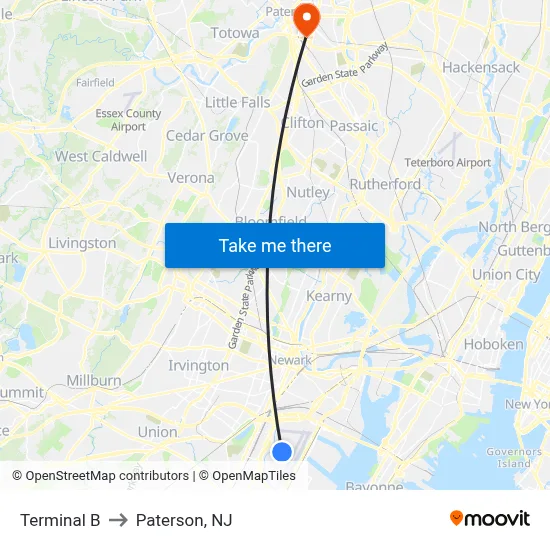 Terminal B to Paterson, NJ map