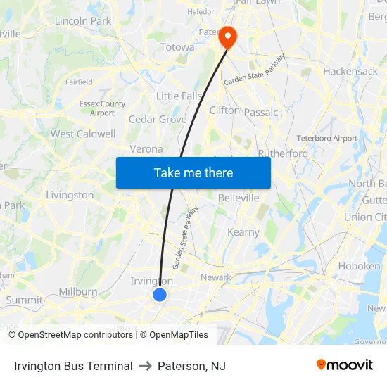 Irvington Bus Terminal to Paterson, NJ map