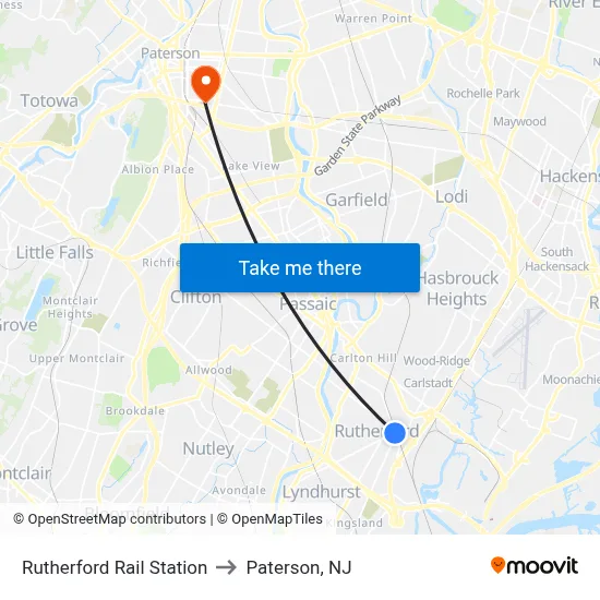 Rutherford Rail Station to Paterson, NJ map
