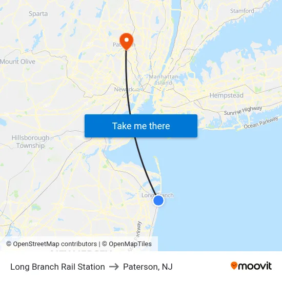 Long Branch Rail Station to Paterson, NJ map