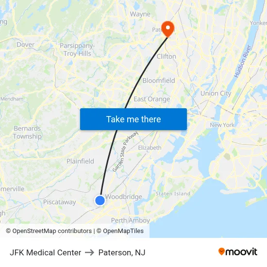 JFK Medical Center to Paterson, NJ map