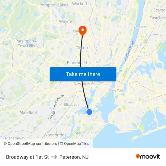 Broadway at 1st St to Paterson, NJ map
