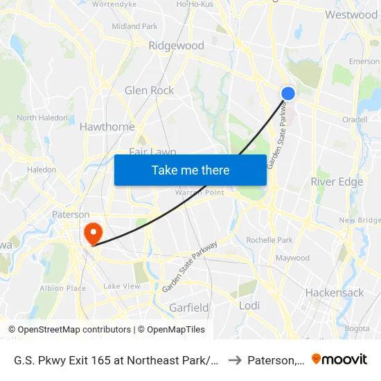 G.S. Pkwy Exit 165 at Northeast Park/Ride Lot to Paterson, NJ map