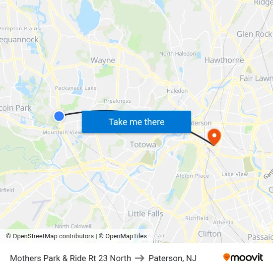Mothers Park & Ride Rt 23 North to Paterson, NJ map