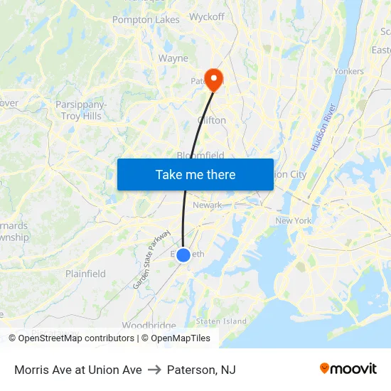 Morris Ave at Union Ave to Paterson, NJ map