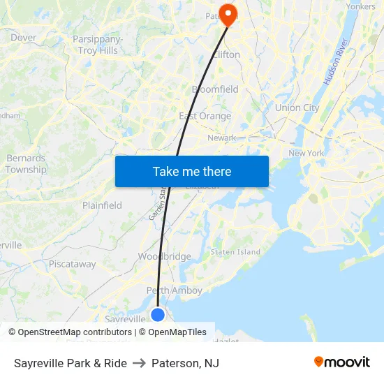 Sayreville Park & Ride to Paterson, NJ map