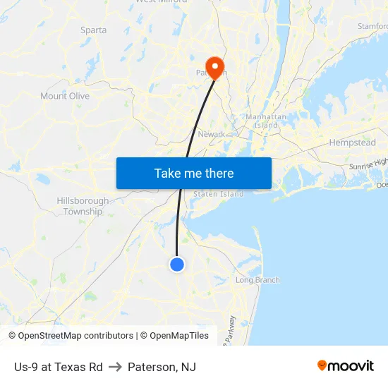 Us-9 at Texas Rd to Paterson, NJ map