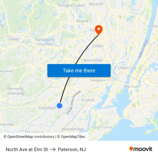 North Ave at Elm St to Paterson, NJ map