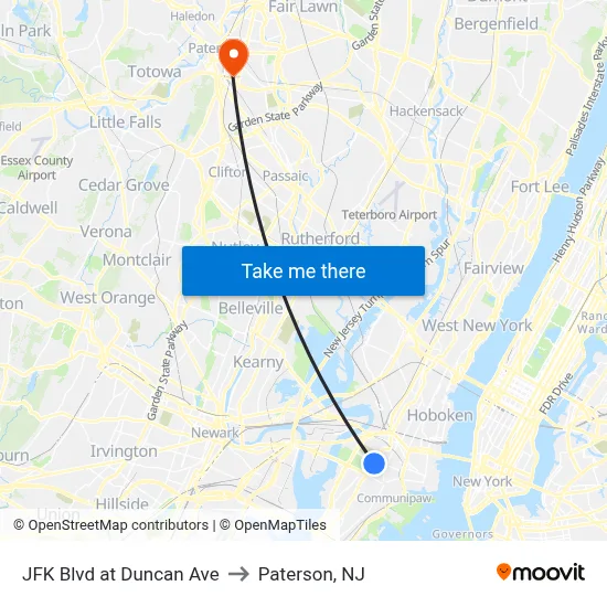 JFK Blvd at Duncan Ave to Paterson, NJ map