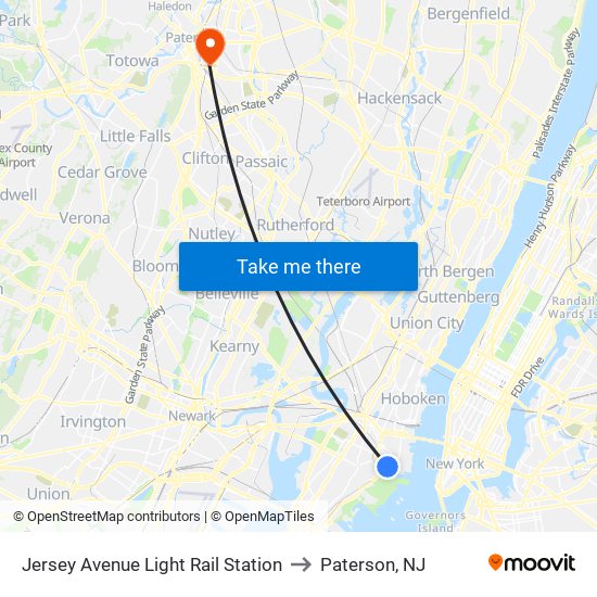 Jersey Avenue Light Rail Station to Paterson, NJ map