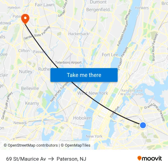69 St/Maurice Av to Paterson, NJ map