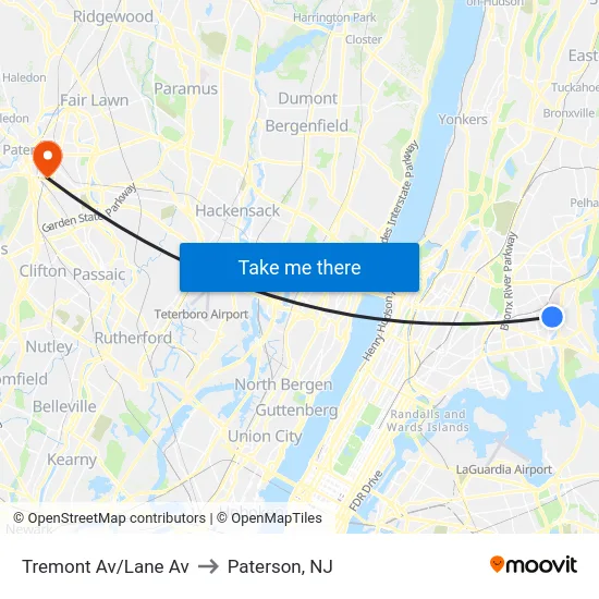 Tremont Av/Lane Av to Paterson, NJ map