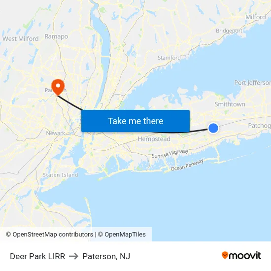 Deer Park LIRR to Paterson, NJ map