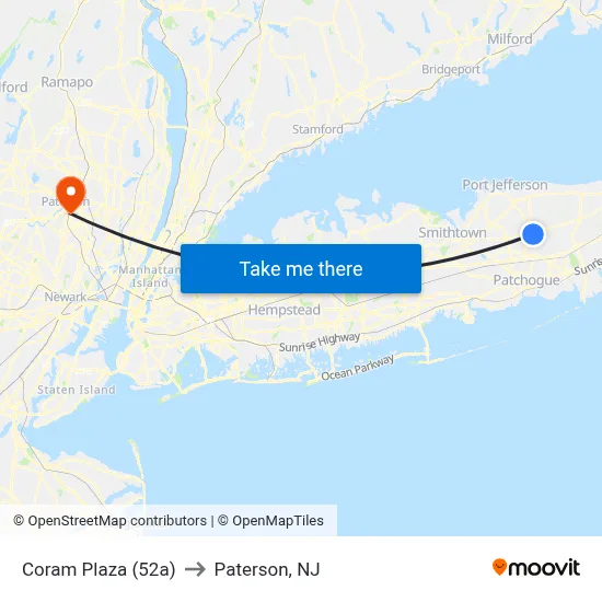 Coram Plaza (52a) to Paterson, NJ map