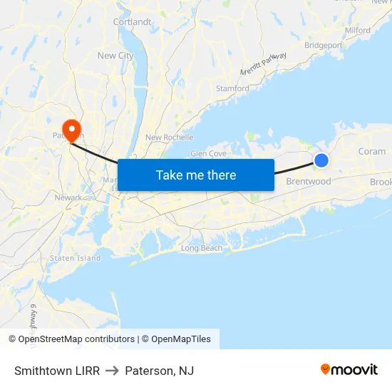 Smithtown LIRR to Paterson, NJ map