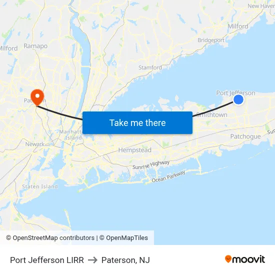 Port Jefferson LIRR to Paterson, NJ map