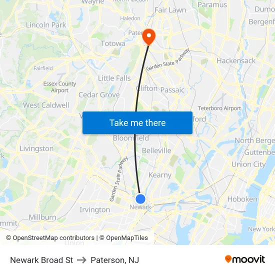 Newark Broad St to Paterson, NJ map