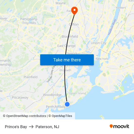 Prince's Bay to Paterson, NJ map