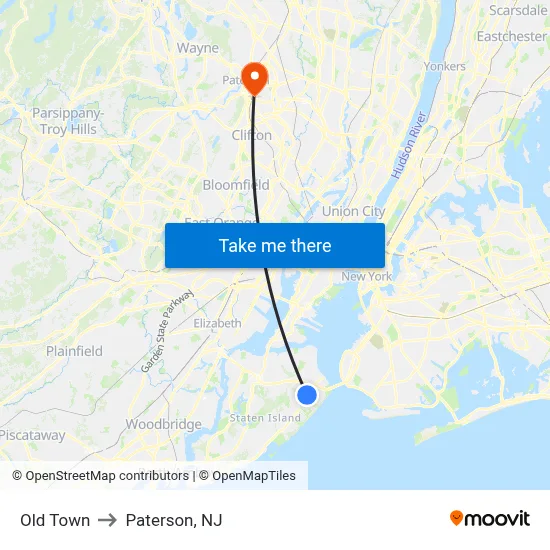 Old Town to Paterson, NJ map
