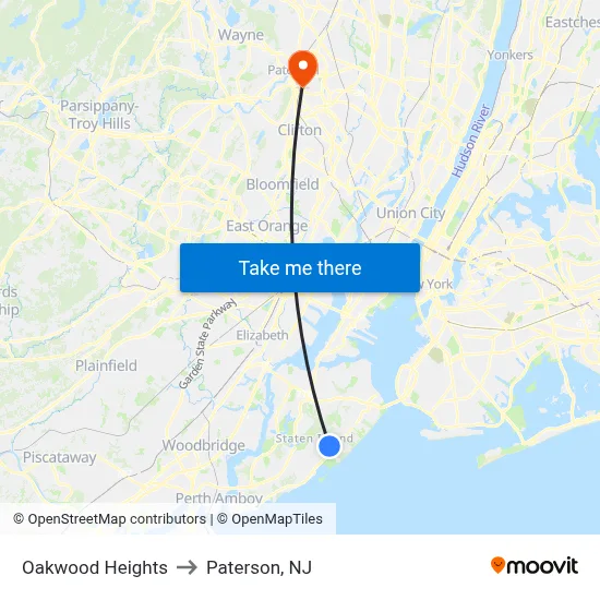 Oakwood Heights to Paterson, NJ map