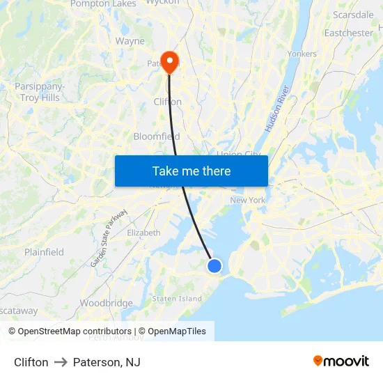 Clifton to Paterson, NJ map