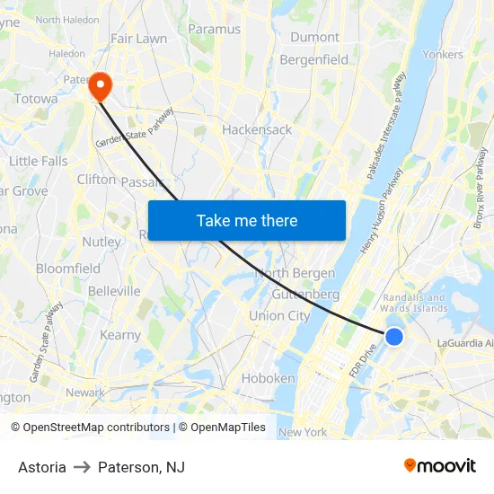 Astoria to Paterson, NJ map