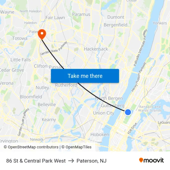 86 St & Central Park West to Paterson, NJ map