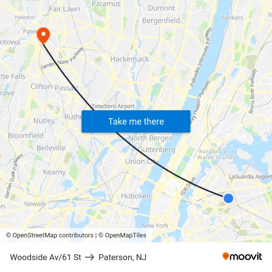 Woodside Av/61 St to Paterson, NJ map