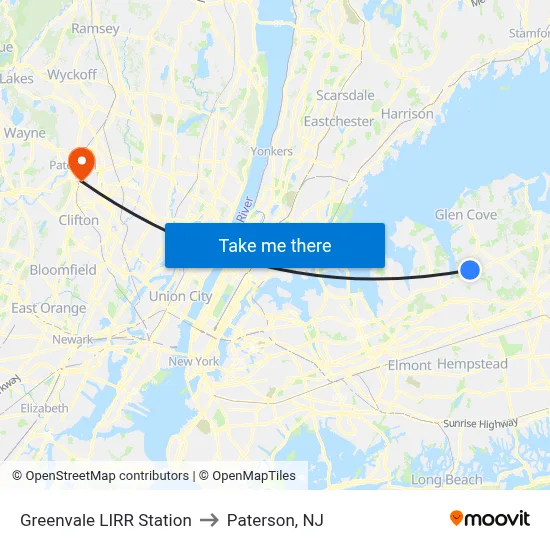 Greenvale LIRR Station to Paterson, NJ map